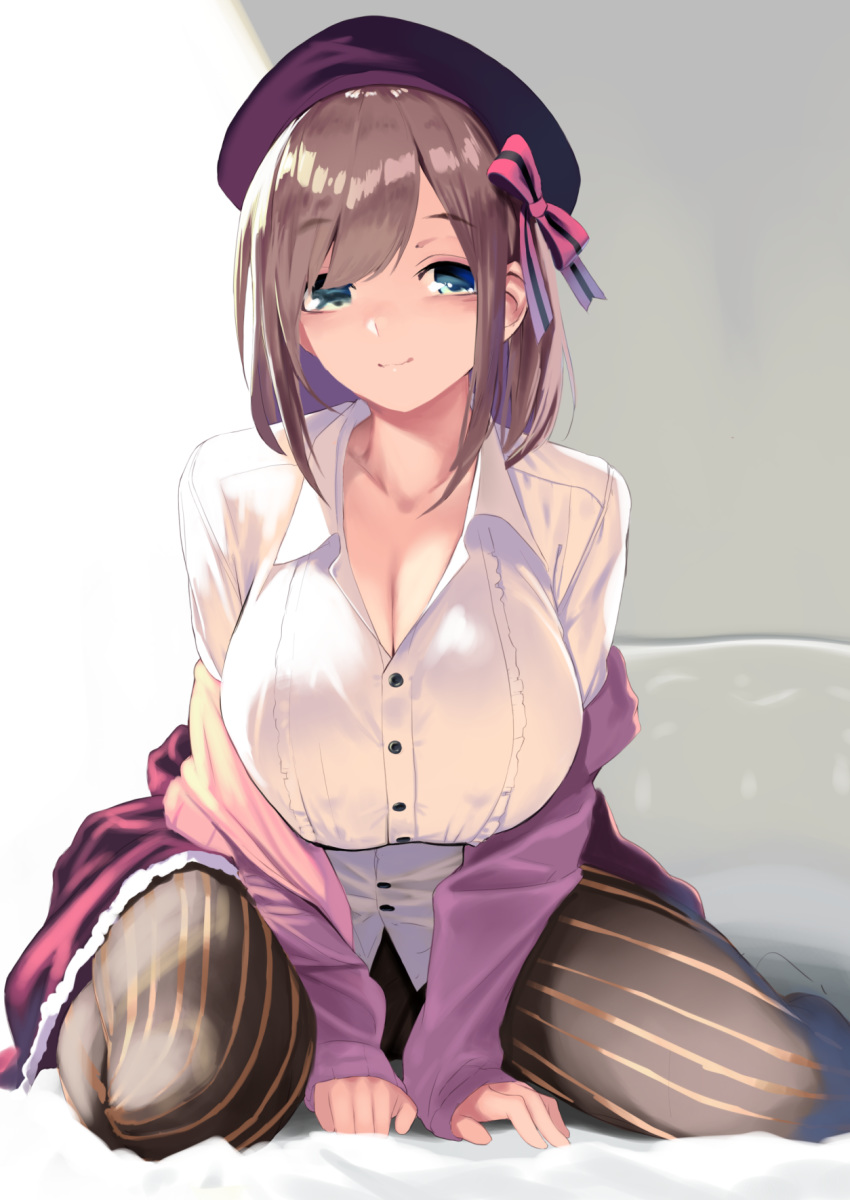 1girl beret black_legwear breasts brown_hair cardigan cleavage closed_mouth commentary_request gen_(black_factory) green_eyes hair_ribbon hat highres large_breasts nijisanji pantyhose pink_cardigan pink_ribbon purple_headwear ribbon shirt short_hair smile solo striped striped_legwear striped_ribbon suzuhara_lulu vertical-striped_legwear vertical_stripes virtual_youtuber white_shirt