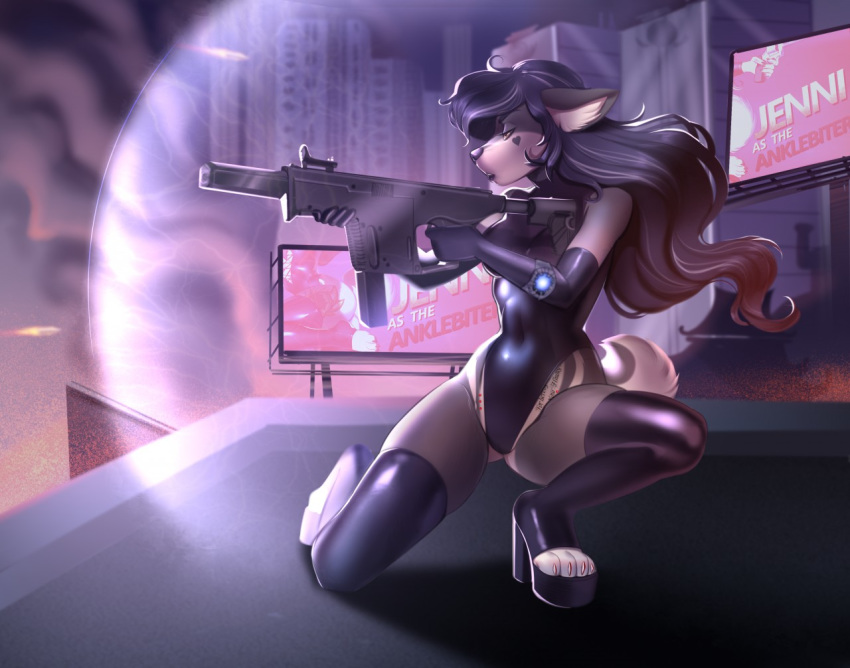 action_pose action_scene anthro anutka black_hair canid canine canis city clothed clothing digital_media_(artwork) domestic_dog energy_shield female fingers fur gloves gun hair handwear holding_gun holding_object holding_weapon jenni_(jennibutt) latex_clothing latex_gloves legwear mammal pomeranian pose ranged_weapon solo spitz text thick_thighs thigh_highs tight_clothing topwear urban weapon