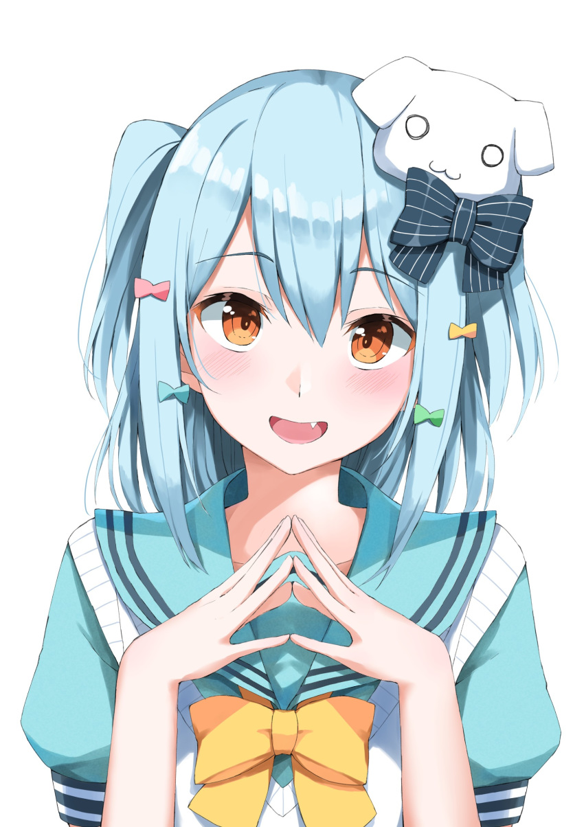 1boy :d absurdres aqua_serafuku blue_hair bow bowtie brown_eyes cardigan cardigan_vest crossdressing dog_hair_ornament double_horizontal_stripe eyebrows_visible_through_hair fang fingers_together hair_bow hands_together highres inuyama_tamaki looking_at_viewer marie_(pixiv31942978) noripro open_hands open_mouth otoko_no_ko portrait raised_eyebrows sailor_collar school_uniform serafuku short_hair simple_background smile solo two_side_up vest virtual_youtuber white_background white_cardigan white_vest yellow_neckwear