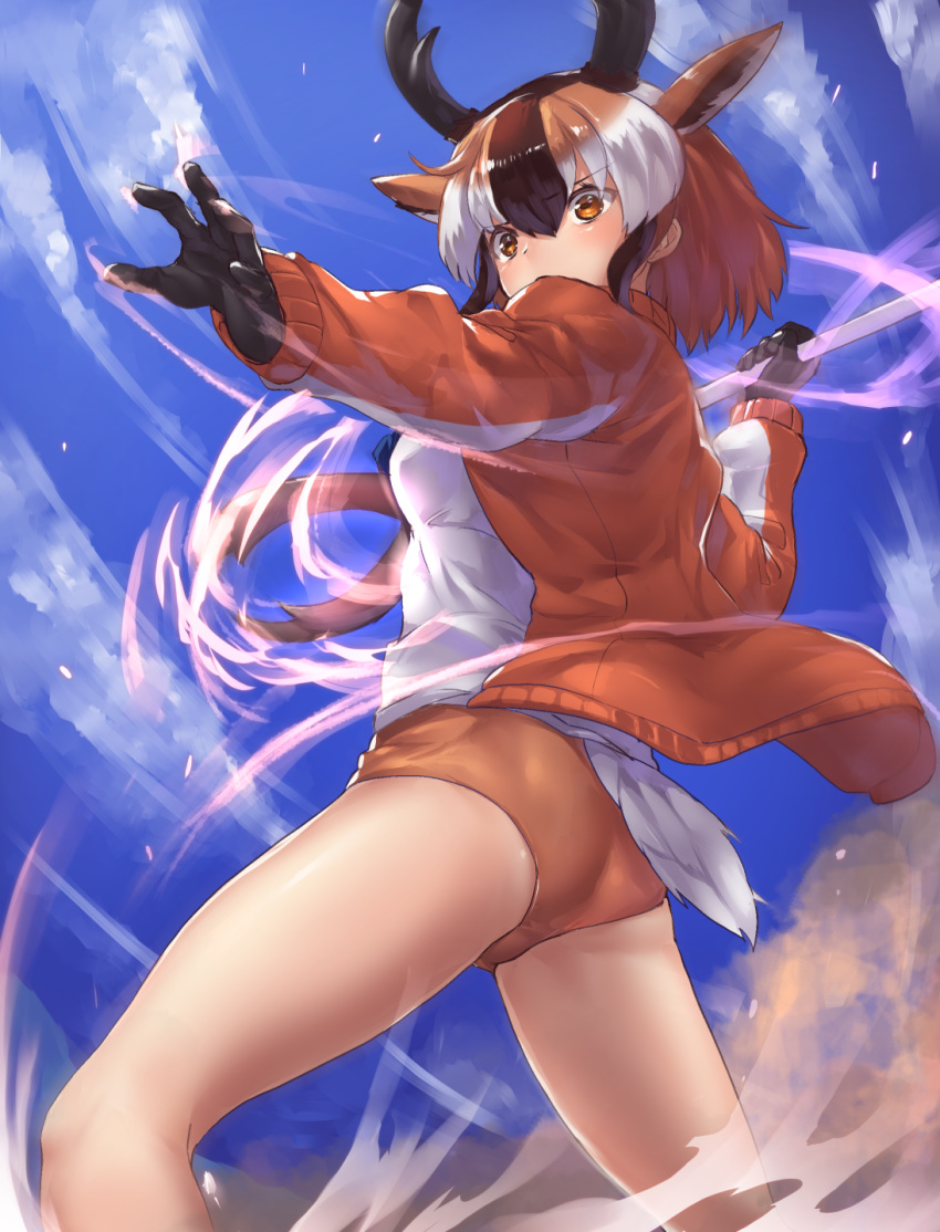 1girl animal_ears aura bangs black_gloves black_hair blue_sky brown_buruma brown_eyes brown_hair buruma cloud day extra_ears eyebrows_visible_through_hair gloves hair_between_eyes highres horizontal_pupils horn_lance horns jacket kemono_friends long_sleeves multicolored_hair outdoors outstretched_arm pronghorn_(kemono_friends) short_hair sky solo tadano_magu tail track_jacket weapon white_hair