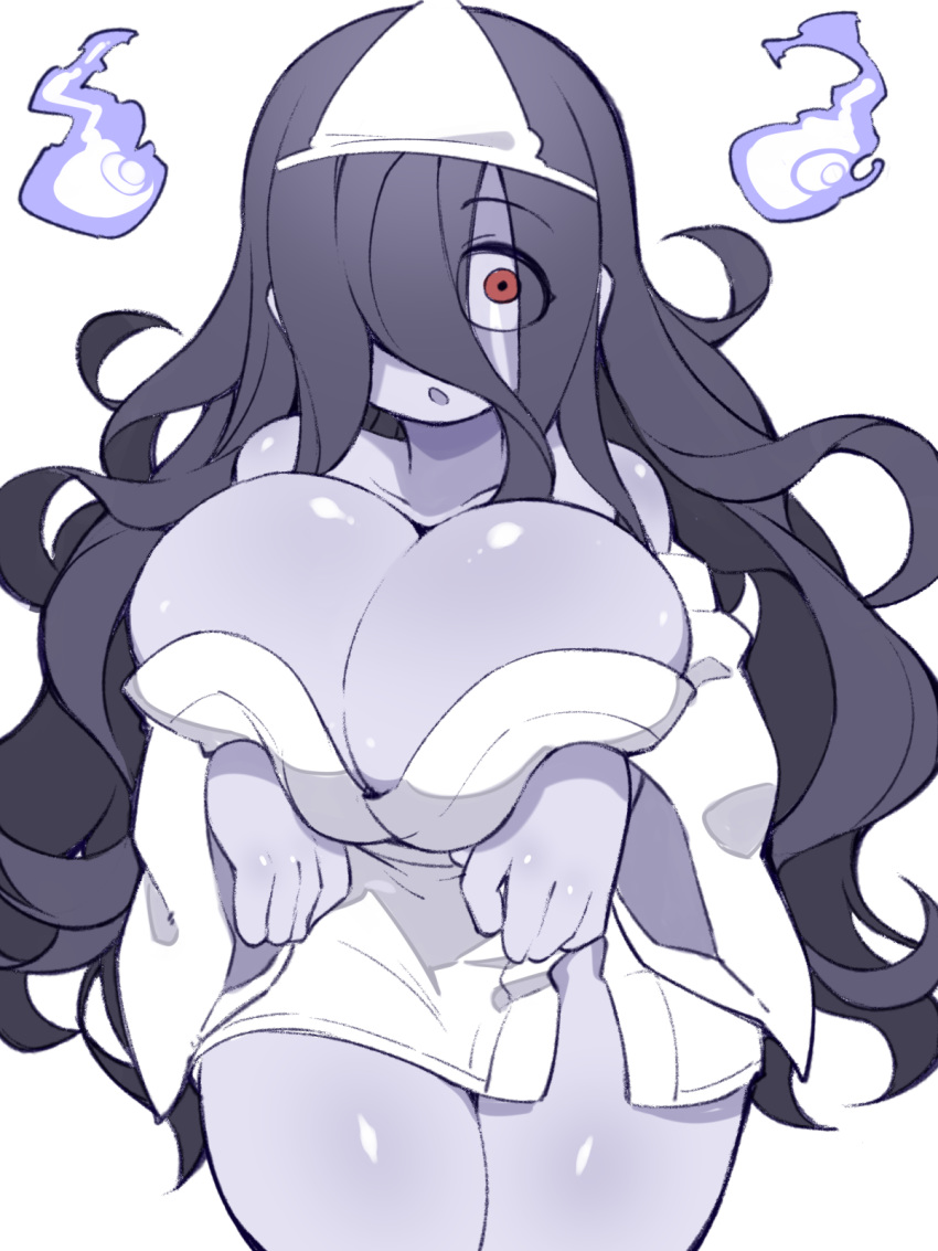 2020 3:4 big_breasts black_hair breasts cleavage cleavage_overflow clothed clothing female fukurou0807 ghost hair hair_over_eye headgear headwear hi_res humanoid long_hair not_furry one_eye_obstructed portrait purple_body purple_skin purple_theme red_eyes simple_background solo spirit three-quarter_portrait towel white_background