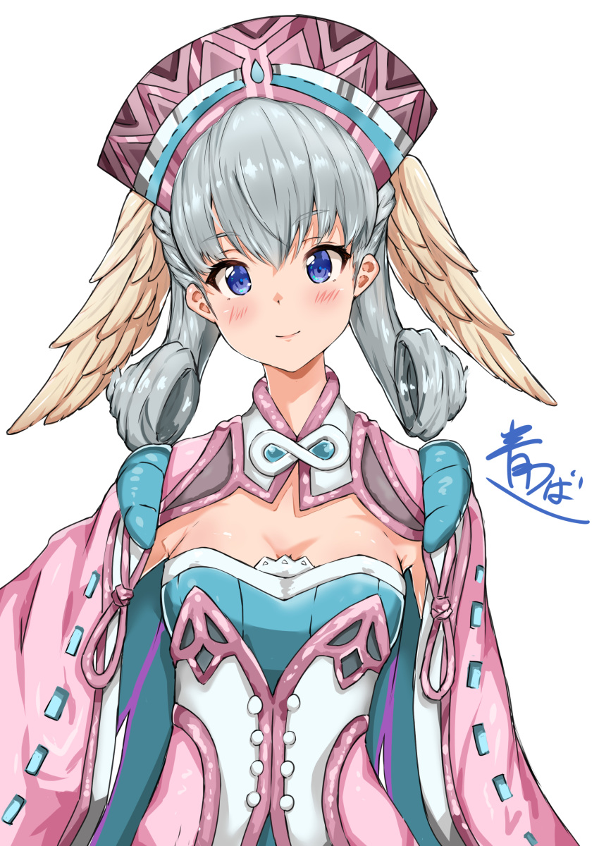 1girl absurdres aotsuba blue_eyes blush cape eyebrows_visible_through_hair hair_between_eyes hat head_wings highres looking_at_viewer melia signature silver_hair simple_background smile solo upper_body white_background xenoblade_(series) xenoblade_1