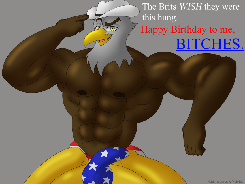 4th_of_july abs accipitrid accipitriform anthro avian bald_eagle beak bird bulge clothing cowboy_hat eagle feathers genitals hat headgear headwear hi_res klr-rio male mammal muscular muscular_anthro muscular_male nipples penis sea_eagle simple_background solo stars_and_stripes thong underwear united_states_of_america