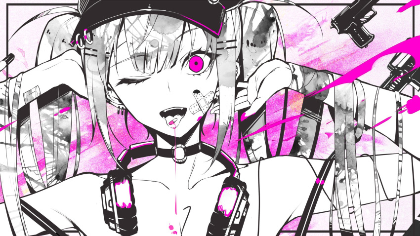 1girl arms_up bandaged_arm bandages bandaid bandaid_on_arm bandaid_on_face bare_shoulders baseball_cap black_headwear border choker collarbone commentary ear_piercing earrings eyebrows_visible_through_hair eyelashes fangs greyscale gun hair_ornament hairclip handgun hat headphones headphones_around_neck highres hololive jewelry kakage long_hair looking_at_viewer monochrome o-ring o-ring_choker one_eye_closed open_mouth piercing pill portrait purple_eyes purple_theme smile solo spot_color tokoyami_towa tongue tongue_out twintails virtual_youtuber weapon