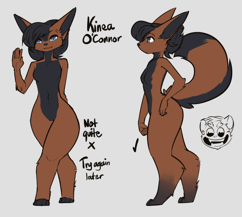 anthro black_body black_fur black_hair blue_eyes brown_body brown_fur canid canine canis domestic_dog extra_thicc female feretta front_view fur hair hi_res kinea_o'connor mammal model_sheet nude short_stack side_view simple_background thick_thighs