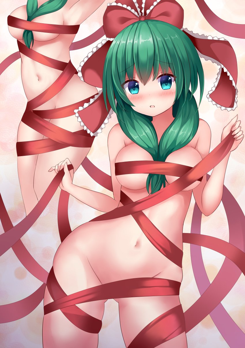 absurdres aqua_eyes bound bow breasts convenient_censoring frilled_bow frills front_ponytail green_hair hair_between_breasts highres kagiyama_hina long_hair medium_breasts naked_ribbon navel ribbon ribbon_bondage suigetsu_(watermoon-910) touhou