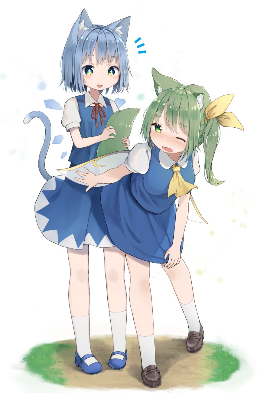 2girls animal_ears ascot bangs blue_footwear blue_hair blue_shirt blue_skirt blush brown_footwear cat_ears cat_tail cirno collared_shirt daiyousei dog_ears dog_tail embarrassed eyebrows_visible_through_hair fairy_wings frown green_eyes green_hair hair_ribbon highres holding_another's_tail ice ice_wings kemonomimi_mode loafers looking_at_another mamemochi mary_janes medium_skirt multiple_girls neck_ribbon notice_lines one_eye_closed open_mouth red_neckwear ribbon shirt shoes short_hair short_sleeves side_ponytail skirt skirt_lift skirt_set skirt_tug smile socks sparkling_eyes tail touhou white_background white_legwear wing_collar wings yellow_neckwear yellow_ribbon