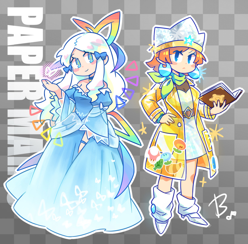 2girls beco_(100me) blue_dress blue_eyes book boots bow checkered checkered_background copyright_name crown dress earrings green_scarf hair_bow hair_ribbon highres jacket jewelry kersti_(paper_mario) mario_(series) multiple_girls orange_hair outline paper_mario paper_mario:_sticker_star patterned_background personification pointy_ears rainbow_print ribbon scarf see-through short_hair sidelocks signature sticker super_paper_mario tippi_(paper_mario) tress_ribbon white_footwear white_hair white_outline yellow_jacket