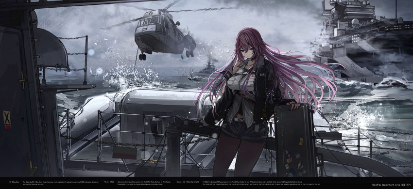 1girl absurdres aircraft aircraft_carrier airplane alaska_(warship_girls_r) belt black_jacket black_legwear black_shorts breasts commentary_request cowboy_shot english_text f-4_phantom_ii fighter_jet haguruma_(hagurumali) helicopter highres jacket jet long_hair military military_vehicle navel open_clothes open_jacket pantyhose purple_eyes purple_hair ship shirt shorts sikorsky_sh-3_sea_king solo warship warship_girls_r watercraft white_shirt