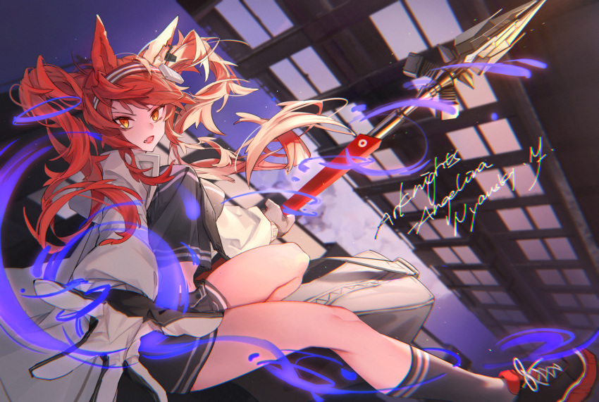 2020 absurd_res action_pose anglina_(arknights) animal_humanoid arknights bottomwear breasts canid canid_humanoid clothing cute_fangs female footwear gloves hair handwear hi_res holding_object holding_weapon humanoid jacket legwear long_hair magic mammal mammal_humanoid midriff nyansky-m outside pigtails pose shoes shorts socks solo topwear weapon yellow_eyes