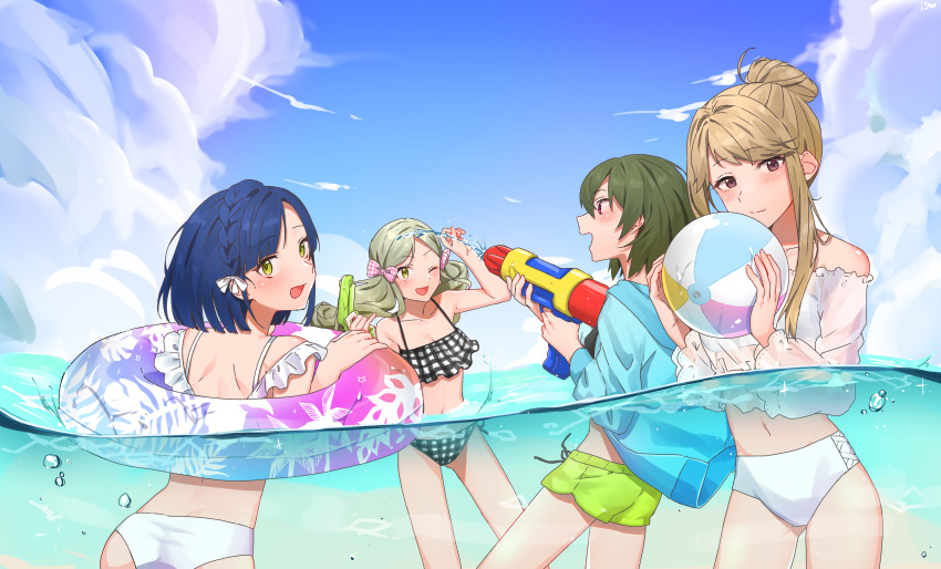 4girls absurdres air_bubble ball bangs beachball bikini blue_hair blue_jacket blue_sky blush bow braid breasts brown_eyes bubble checkered checkered_bikini cleavage cloud cloudy_sky day eyebrows_visible_through_hair frilled_bikini frills green_eyes green_hair green_swimsuit gun hair_bow hair_bun handa_roko highres holding holding_gun holding_weapon idolmaster idolmaster_million_live! idolmaster_million_live!_theater_days innertube jacket light_brown_hair multiple_girls nagayoshi_subaru nanao_yuriko ocean off_shoulder purple_eyes sand see-through short_hair sidelocks sky swimsuit tenkuubashi_tomoka tutimaru0730 twintails underwater water_gun wavy_hair weapon white_bikini yellow_eyes