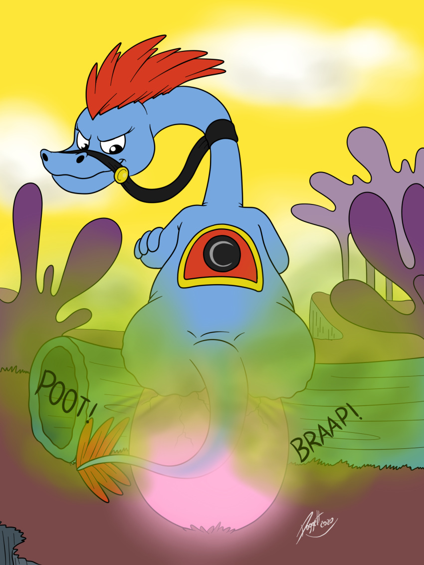 3:4 3_fingers big_butt butt crossed_arms doggettdouglasmcdog egg fart female fingers glowing hi_res log saddle sitting smile solo sylvia_(wander_over_yonder) text wander_over_yonder wood zbornak