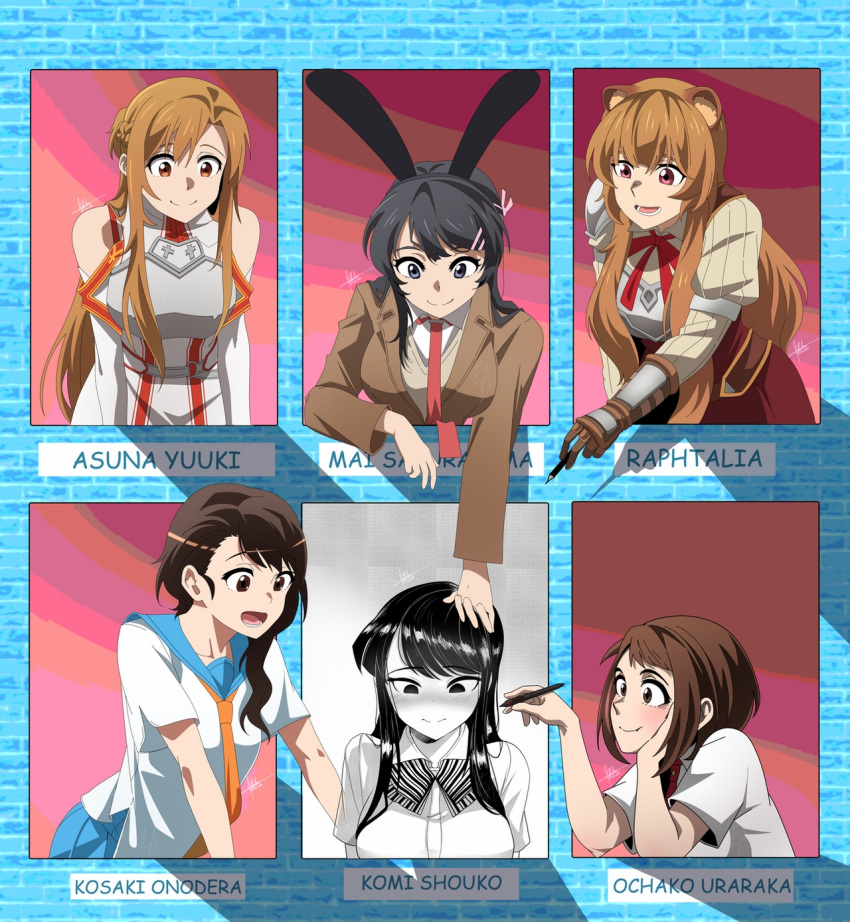 6+girls animal_ears asuna_(sao) black_eyes black_hair blue_eyes blush boku_no_hero_academia brown_eyes brown_hair bunny_ears character_name comic_sans crossover ducklordethan greyscale highres komi-san_wa_komyushou_desu komi_shouko monochrome multiple_crossover multiple_girls nisekoi onodera_kosaki pen raccoon_ears raccoon_girl raphtalia sakurajima_mai seishun_buta_yarou six_fanarts_challenge sword_art_online tate_no_yuusha_no_nariagari uraraka_ochako