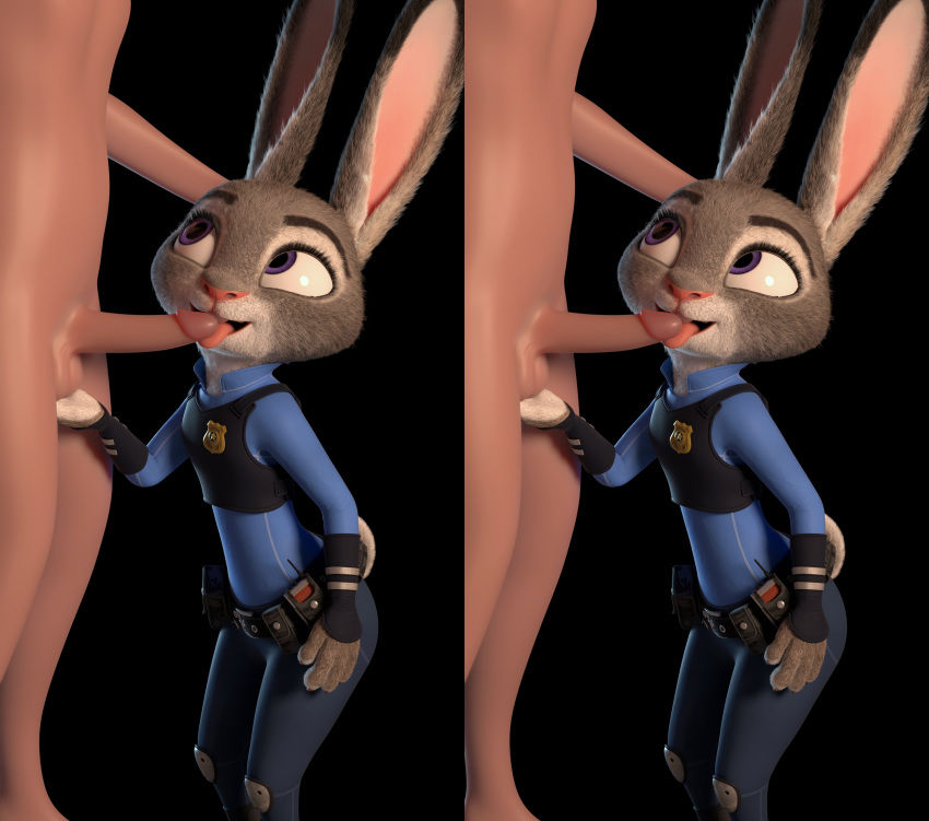absurd_res anthro ball_fondling ball_grab balls chickenass clothed clothing disney erection fellatio female fondling fur genitals hi_res human human_on_anthro interspecies judy_hopps licking male male/female mammal multicolored_ears nude oral penile penis penis_lick police_uniform purple_eyes sex simple_background stereogram tongue tongue_out uniform zootopia