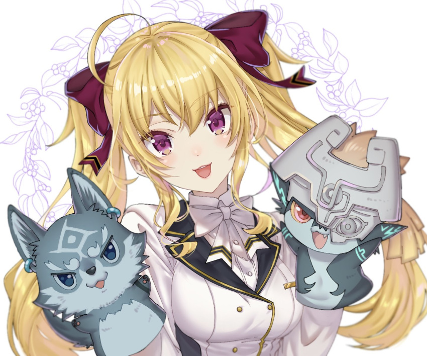 1girl :d ahoge blazer blonde_hair bow bowtie breasts commentary crossover eyebrows_visible_through_hair hair_between_eyes hair_bow hand_puppet highres jacket link_(wolf) long_hair looking_at_viewer medium_breasts midna nijisanji open_mouth puppet purple_eyes shirt shuri_(84k) simple_background smile solo takamiya_rion the_legend_of_zelda the_legend_of_zelda:_twilight_princess twintails uniform upper_body virtual_youtuber white_background white_jacket white_neckwear white_shirt