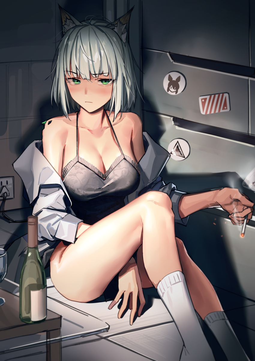 1girl absurdres animal_ear_fluff animal_ears arknights bangs bare_shoulders between_legs blush bottle breasts camisole cigarette cleavage collarbone cup drinking_glass eyebrows_visible_through_hair green_eyes hand_between_legs highres holding holding_cigarette jacket kal'tsit_(arknights) looking_at_viewer off_shoulder ore_lesion_(arknights) raised_eyebrow short_hair silver_hair sitting socks thighs white_jacket white_legwear zhili_xingzou