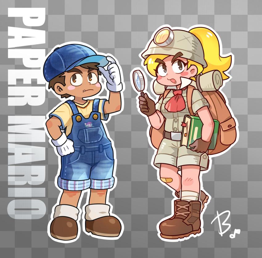 1boy 1girl backpack bag bandaid bandaid_on_knee baseball_cap beco_(100me) belt blonde_hair blue_headwear blush_stickers book boots brown_eyes brown_gloves brown_hair checkered checkered_background copyright_name dark_skin dark_skinned_male fang full_body gloves goombario goombella hat headlamp helmet highres mario_(series) overall_shorts overalls paper_mario paper_mario:_the_thousand_year_door paper_mario_64 personification ponytail shorts signature trait_connection white_gloves
