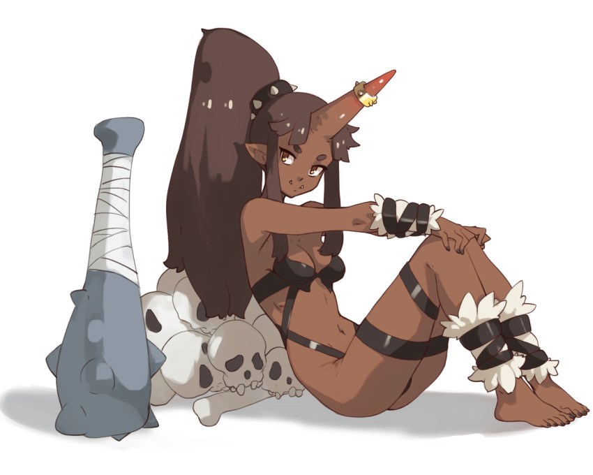 1girl black_nails breasts brown_hair closed_mouth club commentary dark_skin english_commentary fangs fangs_out fingernails horn_ornament horn_ring horns legs_together long_hair looking_at_viewer nail_polish navel oni oni_horn original ponytail simple_background single_horn skull small_breasts smile solo spiked_club spikes toenail_polish toenails vins-mousseux weapon white_background