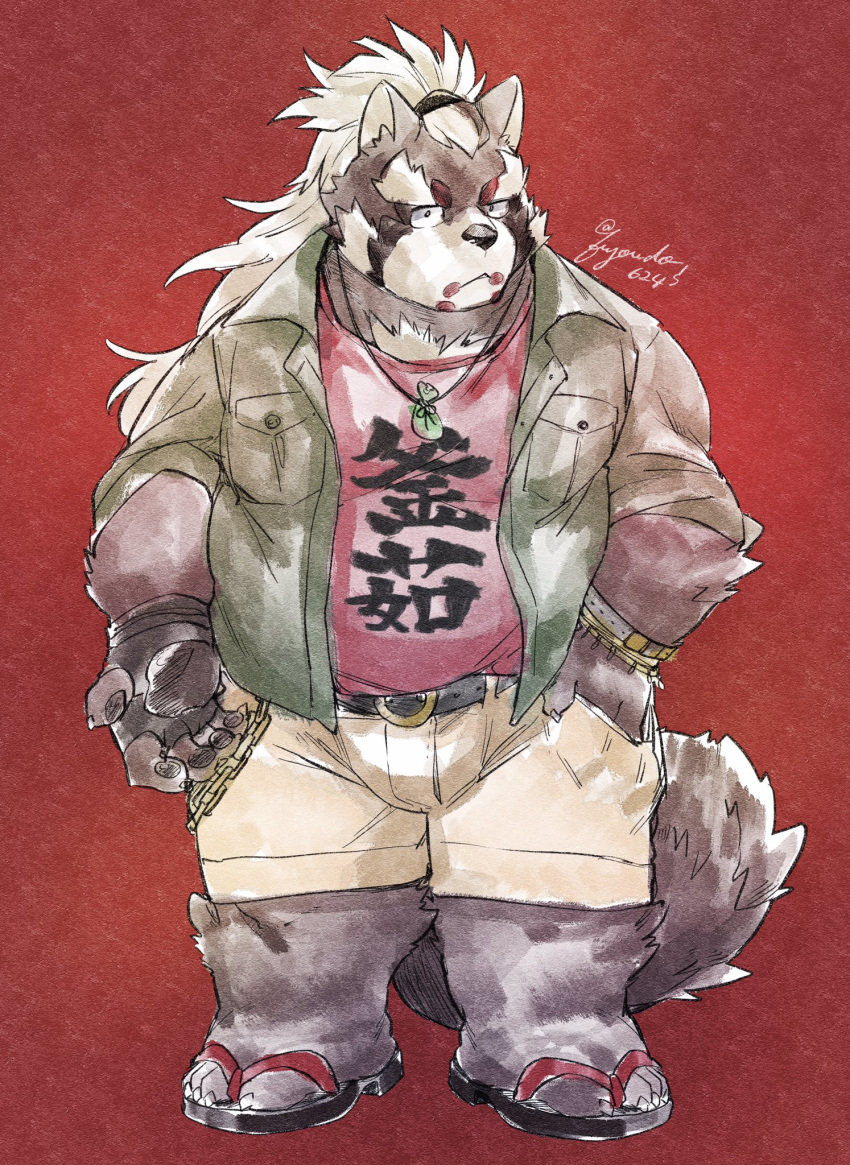 2020 anthro bottomwear brown_body brown_fur bulge canid canine clothing footwear fur fuyoudo624 goemon_(tas) hi_res humanoid_hands kemono male mammal overweight overweight_anthro overweight_male raccoon_dog sandals shirt shorts solo tanuki tokyo_afterschool_summoners topwear video_games