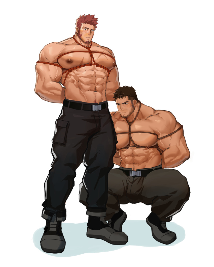 abs absurdres bara bdsm beard belt black_hair blue_eyes blush bondage bound bound_arms brown_hair bulge chest chris_redfield facial_hair fate/grand_order fate_(series) goatee highres male_focus manly multiple_boys muscle napoleon_bonaparte_(fate/grand_order) nipples pants pectorals resident_evil resident_evil_5 rope scar shirtless shoes sideburns stubble tied_up xianyusamuel yaoi