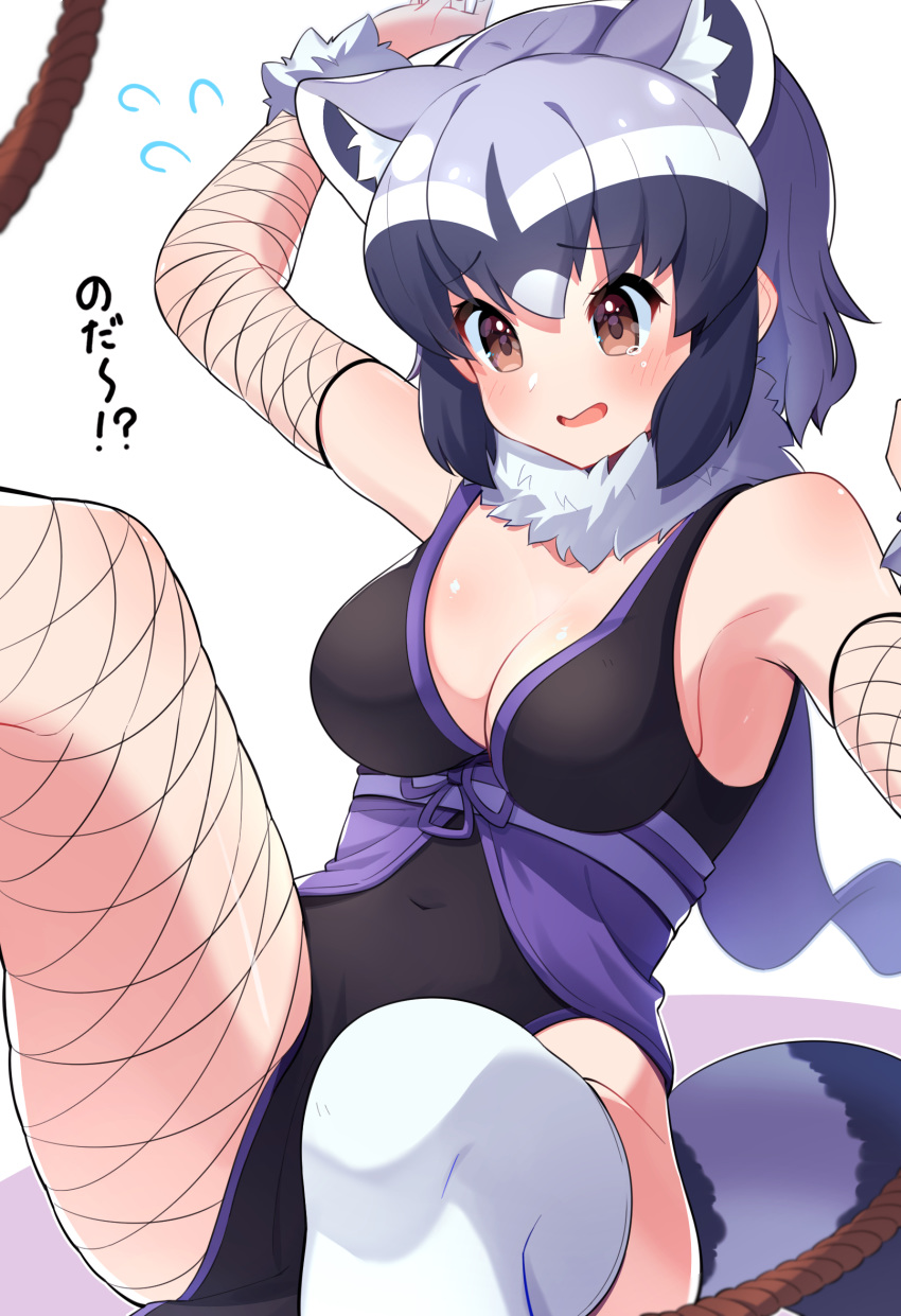 1girl animal_ears arm_up asymmetrical_legwear bangs black_dress black_hair black_legwear blush breasts brown_eyes catchphrase cleavage commentary common_raccoon_(kemono_friends) dress eyebrows_visible_through_hair fishnet_armwear fishnet_legwear fishnets flying_sweatdrops frown grey_hair highres japanese_clothes kemono_friends medium_breasts ninja open_mouth raccoon_ears raccoon_girl raccoon_tail sitting sleeveless sleeveless_dress solo tail takosuke0624 tearing_up thighhighs translated white_legwear