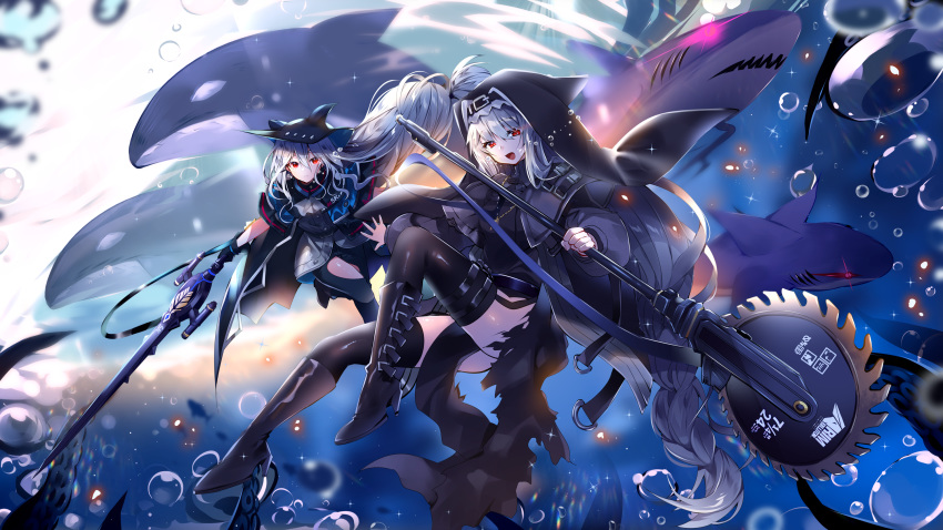 2girls :d air_bubble animal arknights black_dress black_footwear black_gloves black_pants boots braid bubble capelet chainsaw coat dress freediving gloves grey_coat habit high_heel_boots high_heels highres holding holding_sword holding_weapon long_hair long_sleeves looking_at_viewer multiple_girls open_mouth orca pants pelvic_curtain red_eyes silver_hair single_braid skadi_(arknights) smile specter_(arknights) sword tentacles thigh_boots thigh_cutout thighhighs thighs underwater usagihime very_long_hair water weapon