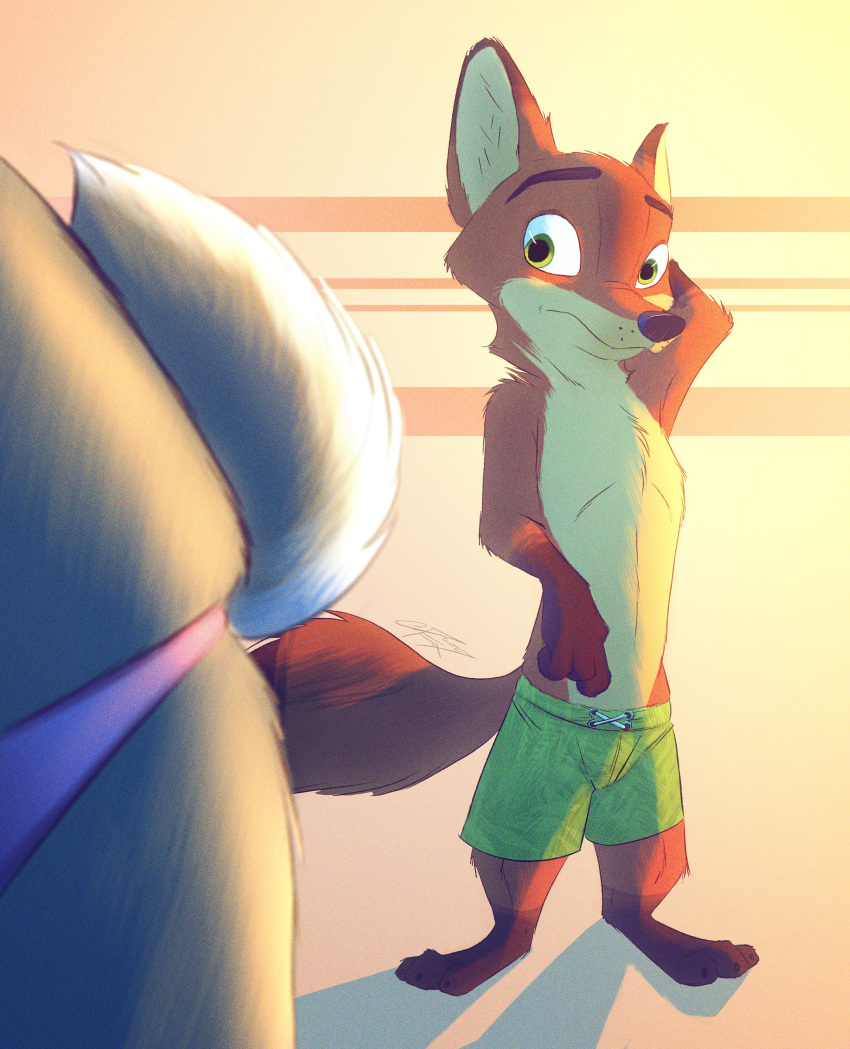 absurd_res anthro canid canine clothed clothing disney duo female fox hi_res judy_hopps lagomorph leporid looking_at_butt male mammal nick_wilde pointedfox rabbit stare swimwear topless zootopia