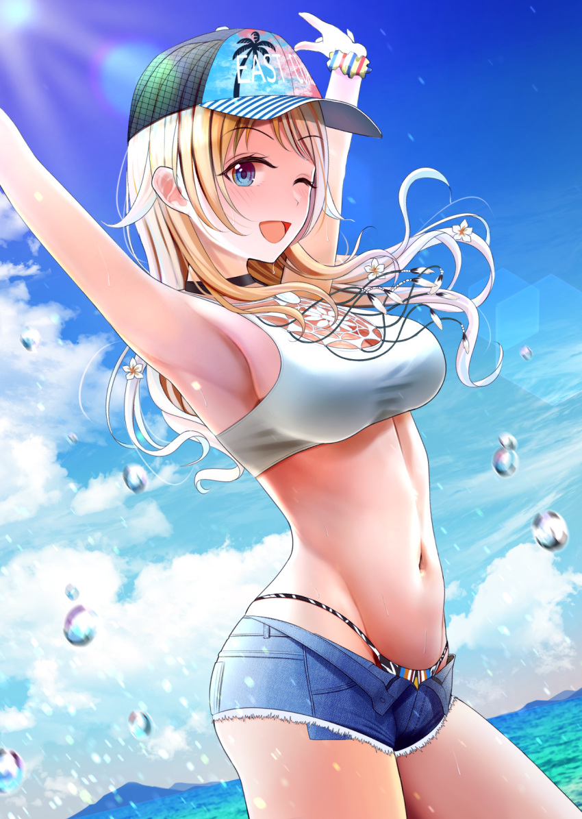 1girl armpits arms_up bangs baseball_cap bikini blonde_hair blue_eyes blush breasts hachimiya_meguru hat highres idolmaster idolmaster_shiny_colors large_breasts long_hair looking_at_viewer micro_shorts navel open_mouth outdoors revision shorts sidelocks smile solo stomach swimsuit testame