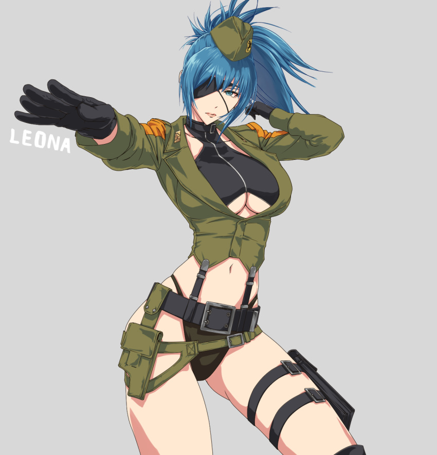 1girl bangs blue_eyes blue_hair breasts character_name earrings eyepatch gloves hat highres holster jewelry l.g_(greenforce1) leona_heidern military navel patch ponytail snk snk_heroines:_tag_team_frenzy soldier strap the_king_of_fighters thighs thong underboob