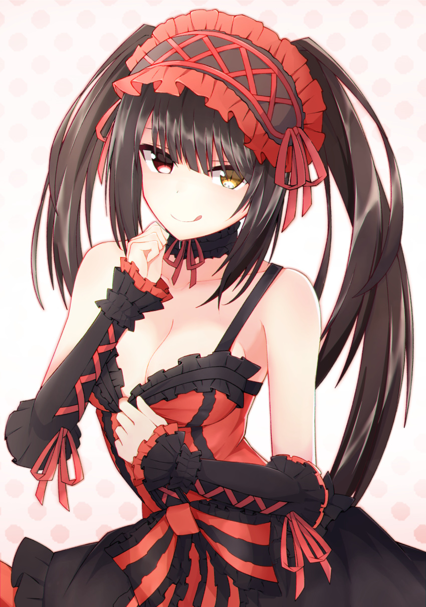 1girl :q alruna bare_shoulders black_hair bow breasts cleavage clock_eyes collarbone date_a_live detached_sleeves dress dress_pull eyebrows_visible_through_hair eyes_visible_through_hair frilled_dress frills gothic_lolita hair_between_eyes hairband heterochromia highres lolita_fashion lolita_hairband long_hair medium_breasts polka_dot polka_dot_background red_bow red_eyes roman_numerals smile solo striped symbol-shaped_pupils tokisaki_kurumi tongue tongue_out twintails two-tone_dress vertical_stripes yellow_eyes