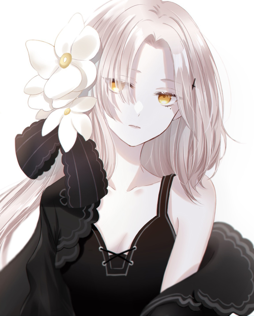 1girl aug_(girls_frontline) black_dress blonde_hair breasts cleavage collarbone dress eyebrows_visible_through_hair flower girls_frontline hair_flower hair_ornament hair_ribbon highres long_hair looking_at_viewer mole mole_under_eye ribbon small_breasts solo sui_(camellia) white_background yellow_eyes