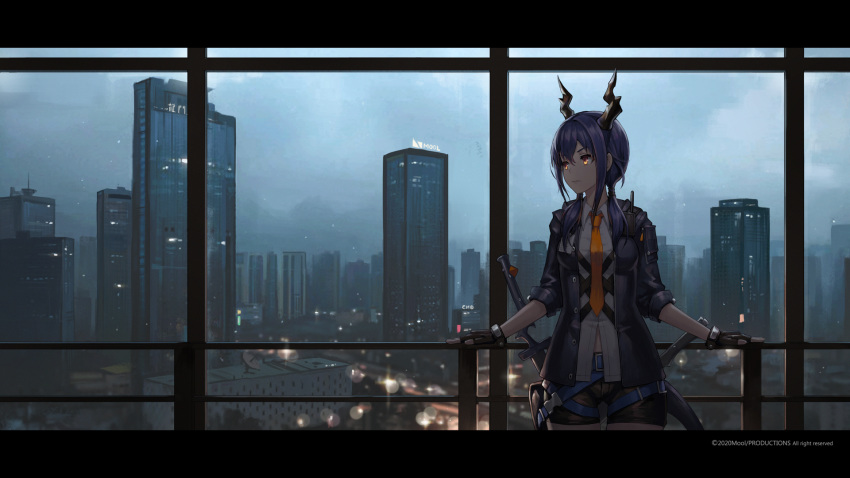 1girl arknights bangs blue_hair breasts ch'en_(arknights) cityscape dragon_horns dragon_tail expressionless gloves hair_between_eyes highres horns indoors jacket letterboxed long_hair looking_away low_twintails medium_breasts mool_yueguang multiple_swords red_eyes shirt short_shorts shorts sidelocks solo tail twintails white_shirt