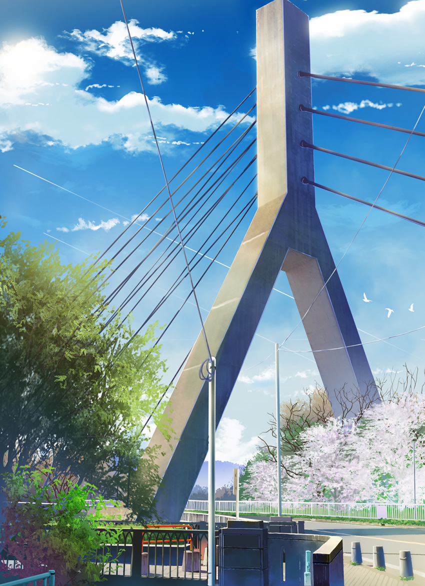 bird blue_sky bridge bush cherry_blossoms cloud condensation_trail day highres hill kamo_nasus. leaf no_humans original outdoors power_lines railing road road_sign rural scenery sidewalk sign sky spring_(season) tower tree tree_branch