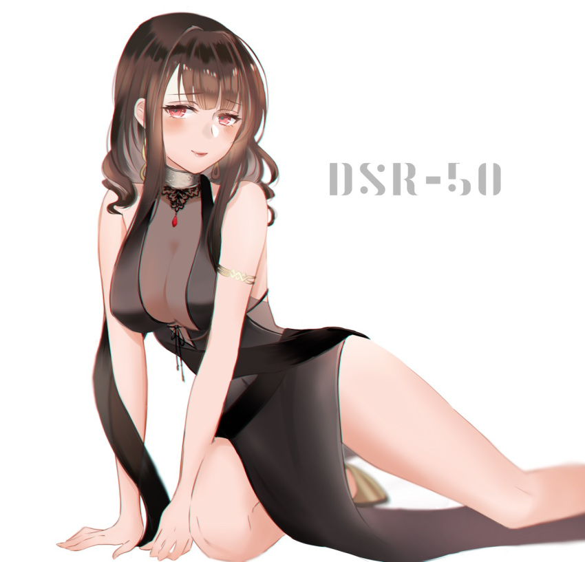 1girl black_dress blush bracer breasts brown_hair character_name cleavage covering covering_breasts dress dsr-50_(girls_frontline) earrings eyebrows_visible_through_hair girls_frontline highres jewelry long_hair looking_at_viewer medium_breasts necklace red_eyes shoes sitting smile solo sui_(camellia) thighs white_background