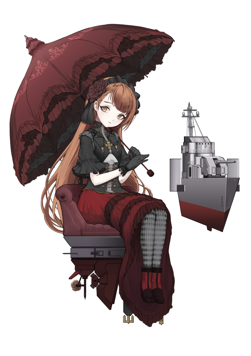 1girl absurdres argyle argyle_legwear bangs battleship black_gloves black_jacket blue_oath boots brown_eyes brown_hair character_request corset floating flower frilled_skirt frilled_sleeves frilled_umbrella frills full_body gloves hair_flower hair_ornament hairband head_tilt high_heel_boots high_heels highres holding holding_umbrella jacket lolita_fashion lolita_hairband long_hair looking_at_viewer military military_vehicle miyamoya pantyhose red_flower red_skirt red_umbrella ship short_sleeves simple_background sitting skirt solo umbrella very_long_hair warship watercraft white_background wide_sleeves