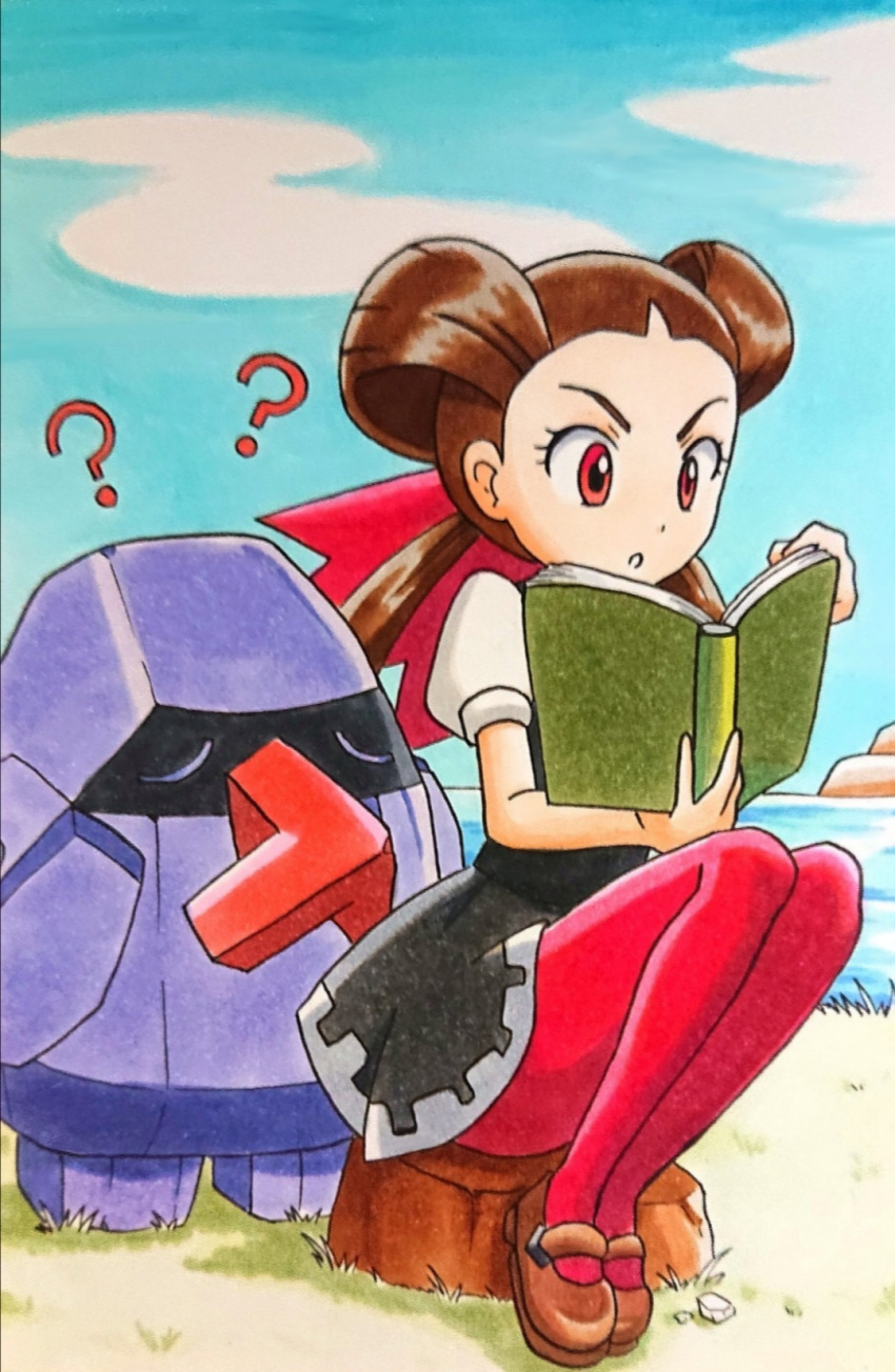 1girl ?? book bow brown_footwear brown_hair day gen_3_pokemon grey_skirt gym_leader hair_bow hair_pulled_back highres holding holding_book long_hair looking_at_viewer nosepass outdoors pantyhose pink_bow pink_legwear pokemon pokemon_(creature) pokemon_(game) pokemon_masters pokemon_oras reading red_eyes shoes short_sleeves sitting skirt solo speedy_(pkh) tsutsuji_(pokemon) twintails