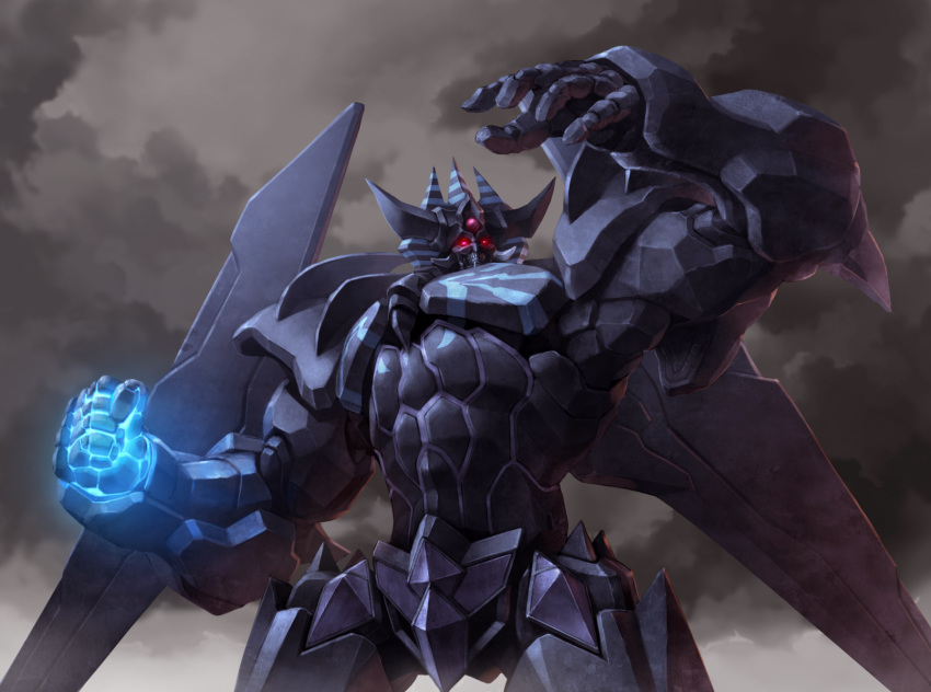 arm_up clenched_hand cloud commentary cowboy_shot dark_clouds dark_sky duel_monster glowing glowing_eyes glowing_fist highres monster no_humans obelisk_the_tormentor open_hand overcast red_eyes shoulder_spikes solo spikes taedu teeth yuu-gi-ou yuu-gi-ou_the_dark_side_of_dimensions