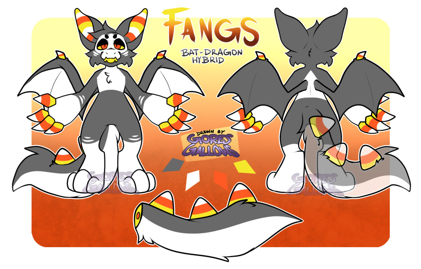 adopted anthro big_hands candy candy_corn candy_corn_finger canid canine chiropteran digital_media_(artwork) digitigrade dragon ears_up fangz_the_bat-dragon finger_claws fingers fluffy fluffy_tail food fur grey_body grey_fur halloween hi_res holidays male mammal model_sheet neck_tuft open_mouth orange_body orange_fur reference_image saintanist signature simple_background smile solo text translucent translucent_body tuft white_body white_fur wings yellow_body yellow_fur
