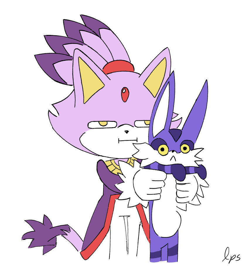 2020 :&lt; absurd_res ambiguous_gender anthro big_the_cat blaze_the_cat carrying clothing domestic_cat duo felid feline felis female feral feralized fur gloves handwear hi_res loopersum mammal narrowed_eyes purple_body purple_fur simple_background sonic_the_hedgehog_(series) standing white_background white_body white_fur yellow_eyes