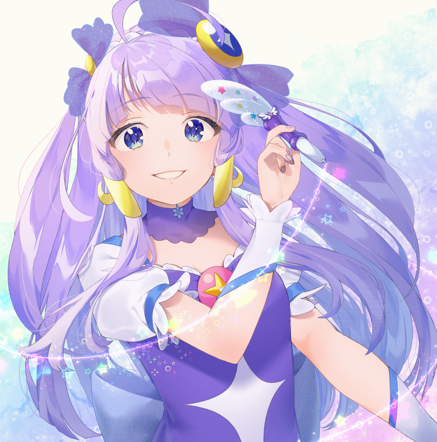 1girl absurdres ahoge bangs blue_eyes choker cure_selene eyebrows_visible_through_hair floating_hair grey_nails grin highres holding long_hair looking_at_viewer nail_polish precure purple_choker purple_hair shiny shiny_hair short_sleeves smile solo star_twinkle_precure upper_body very_long_hair yupiteru