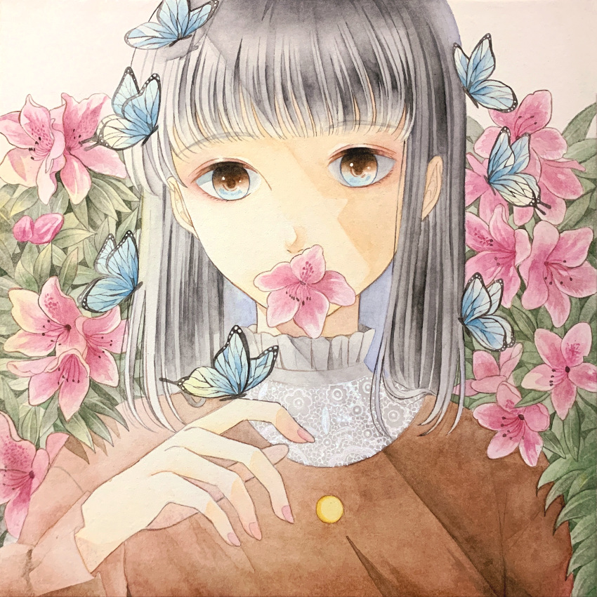 1girl absurdres bangs black_hair blue_butterfly blunt_bangs brown_eyes brown_shirt bug butterfly day flower highres huge_filesize insect looking_at_viewer mouth_hold original ruruka_003 shirt solo traditional_media upper_body watercolor_(medium)