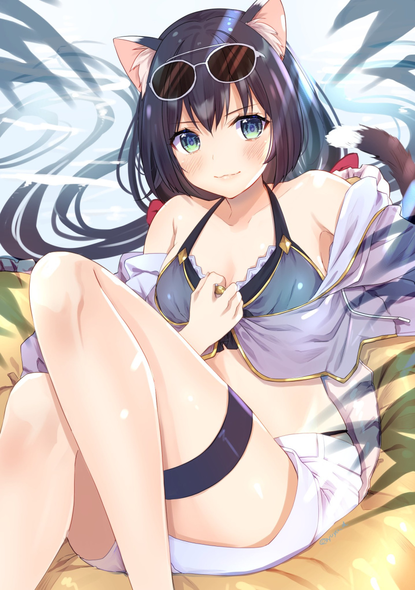 1girl animal_ear_fluff animal_ears armpit_crease bangs bare_shoulders bikini black_bikini black_hair black_tail blush breasts cat_ears cat_girl cat_paw cat_tail closed_mouth collarbone commentary drawstring eyebrows_visible_through_hair eyelashes eyewear_on_head feet_out_of_frame floating_hair frilled_innertube frills frown green_eyes halter_top halterneck highres holding hood hoodie innertube jacket karyl_(princess_connect!) knees_up long_hair looking_at_viewer low-tied_long_hair low_twintails midriff multicolored_hair off-shoulder_jacket off_shoulder palm_leaf princess_connect! princess_connect!_re:dive purple_bikini purple_jacket shiny shiny_hair shiny_skin shorts sidelocks skindentation small_breasts solo streaked_hair sunglasses sweatdrop swimsuit tail tail_raised thigh_strap twintails twitter_username two-tone_bikini very_long_hair wavy_mouth white-framed_eyewear white_hair white_shorts yu_yu