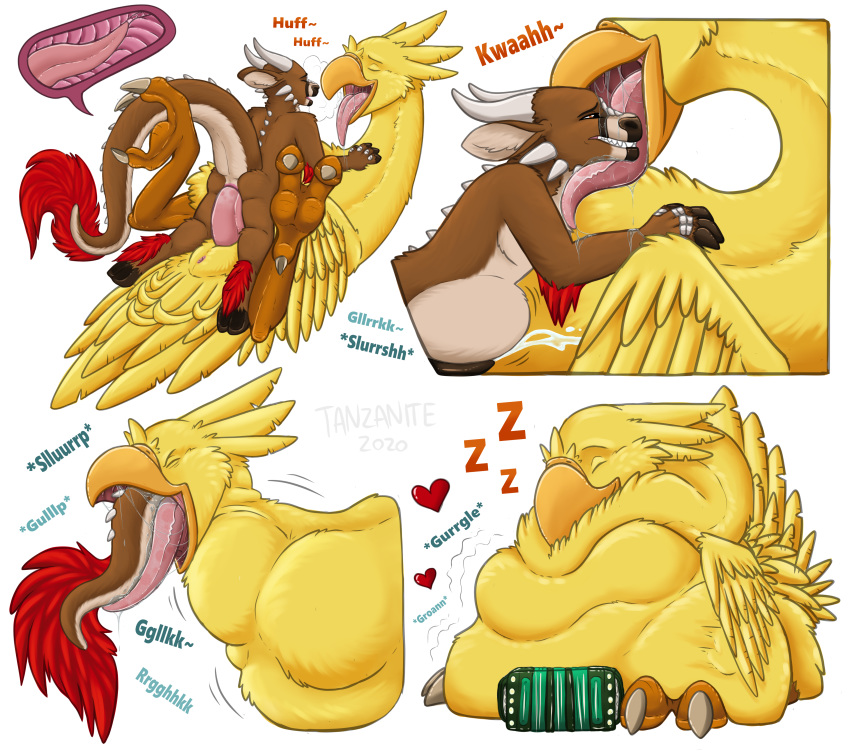 &lt;3 2020 3_toes absurd_res anthro avian beak belly big_belly brown_body brown_fur brown_penis cervid chocobo dragon duo eyes_closed feathers feral final_fantasy fur genitals hi_res horn hybrid larger_male male male/male male_pred male_prey mammal orange_beak orange_body penis pink_penis red_tail_feathers simple_background size_difference sleeping smaller_male sound_effects square_enix tanzanite toes tongue video_games vore white_background white_horn yellow_body yellow_feathers