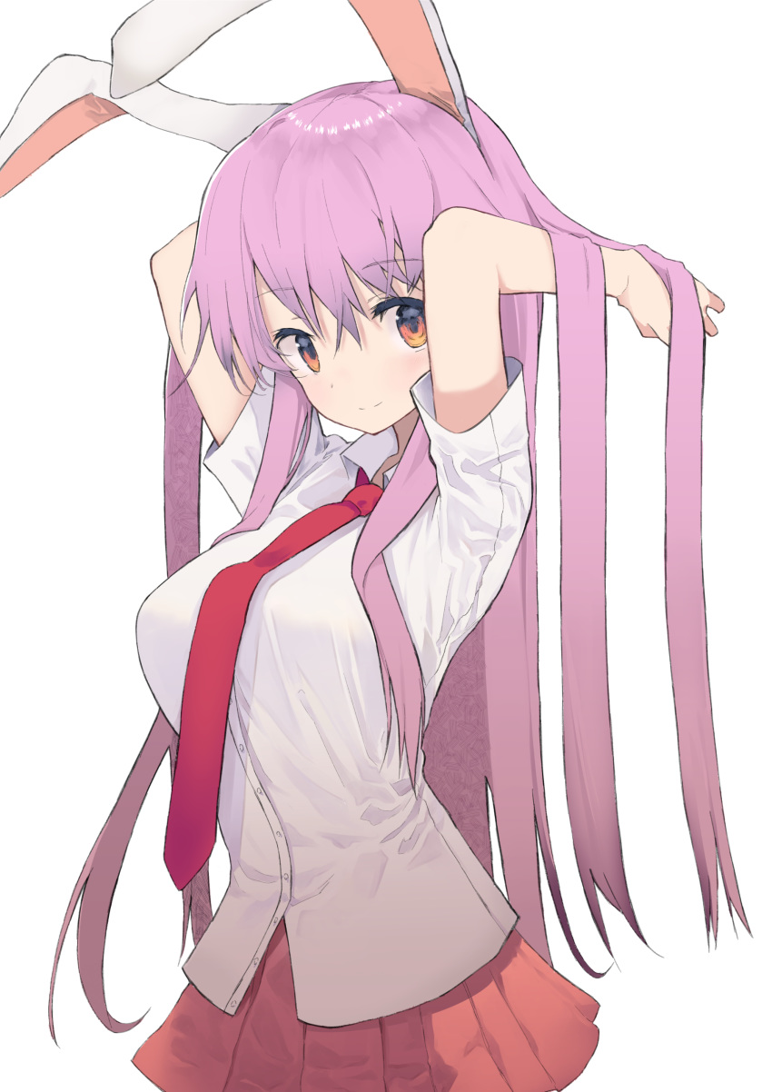 1girl absurdres animal_ears arms_up bangs blush breasts bunny_ears closed_mouth collared_shirt commentary_request dress_shirt eyebrows_visible_through_hair hair_between_eyes hands_in_hair highres long_hair looking_at_viewer medium_breasts mieharu necktie pink_hair pleated_skirt red_eyes red_neckwear red_skirt reisen_udongein_inaba shirt short_sleeves simple_background skirt smile solo touhou very_long_hair white_background white_shirt