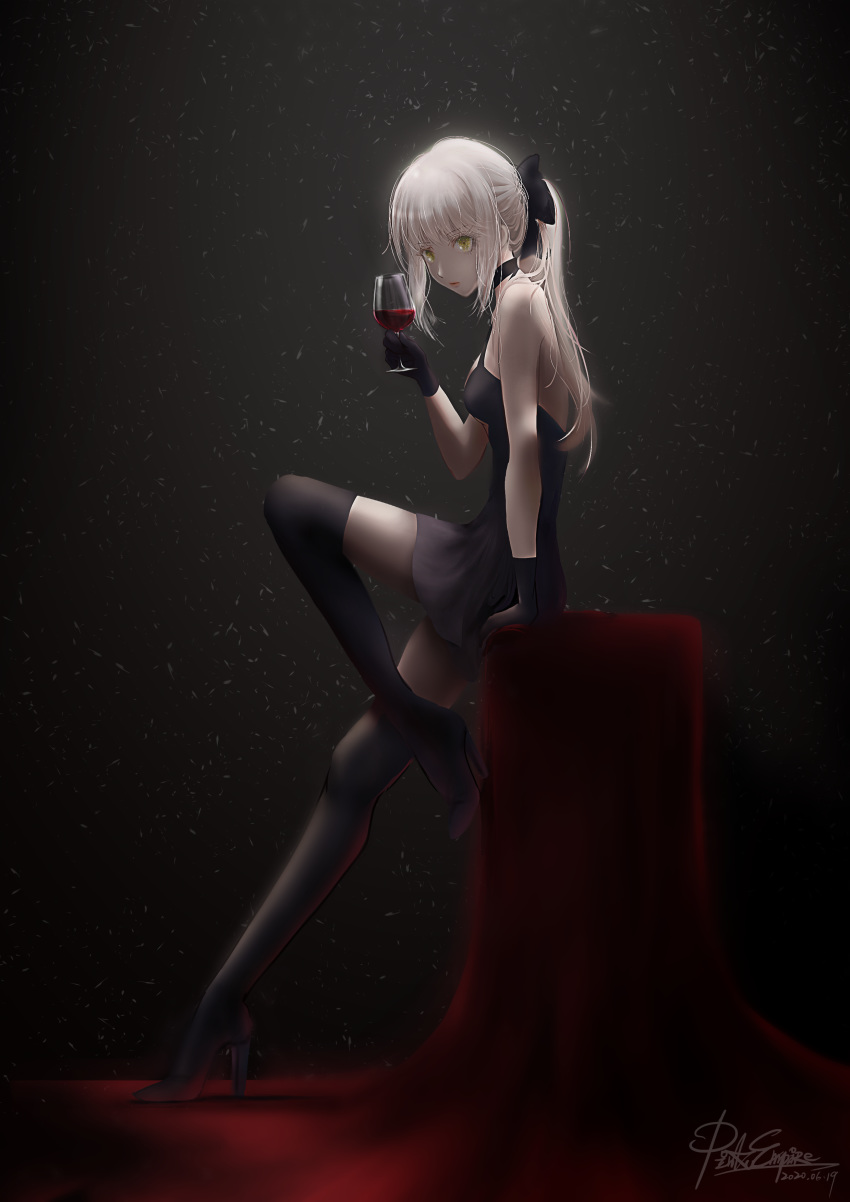 1girl 2020 absurdres artoria_pendragon_(all) bangs black_bow black_choker black_dress black_footwear black_gloves boots bow breasts choker closed_mouth cup dated dress drinking_glass fate/stay_night fate_(series) from_side gloves green_eyes hair_between_eyes hair_bow high_heels highres holding holding_cup long_hair pinkuempire ponytail saber_alter short_dress signature silver_hair sitting sleeveless sleeveless_dress small_breasts solo spaghetti_strap thigh_boots thighhighs underboob very_long_hair wine_glass zettai_ryouiki