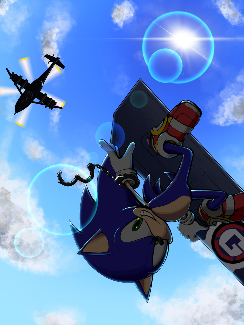 1boy absurdres aircraft backlighting banel_springer blue_sky cloud commentary_request cuffs day from_below full_body furry gloves green_eyes handcuffs highres lens_flare looking_at_viewer male_focus no_humans red_footwear shoes sky sky_surfing smile smirk solo sonic sonic_adventure_2 sonic_the_hedgehog sunlight white_gloves