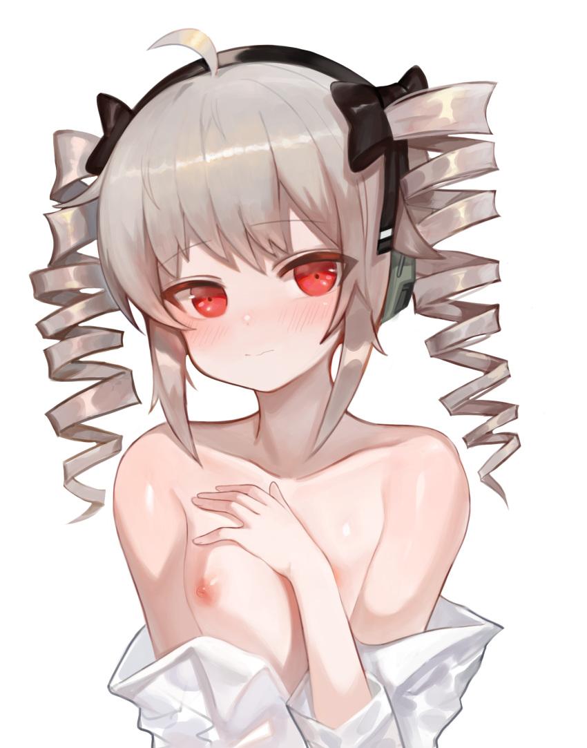 1girl ahoge bangs blush closed_mouth collarbone dokomon drill_hair flat_chest girls_frontline highres nipples pp-90_(girls_frontline) red_eyes shirt silver_hair simple_background solo twin_drills twintails upper_body white_background white_shirt