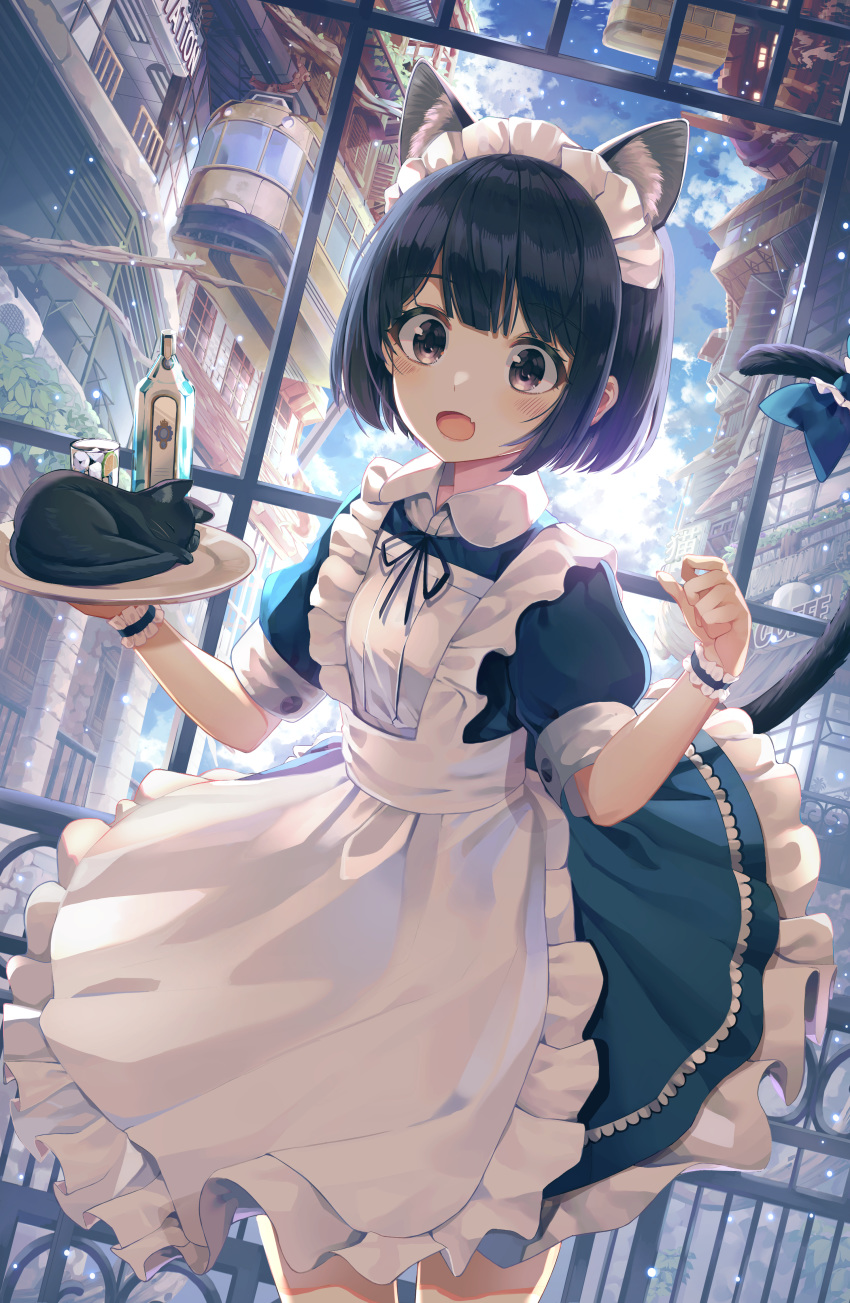 1girl :o absurdres alcohol animal animal_ear_fluff animal_ears animal_ears_(artist) apron backlighting black_cat blue_dress bottle bow building cat cat_ears cat_girl cat_tail dress hands_up highres holding looking_at_animal maid maid_apron maid_headdress open_mouth original short_hair short_sleeves solo tail tail_bow tail_raised tray wing_collar wristband