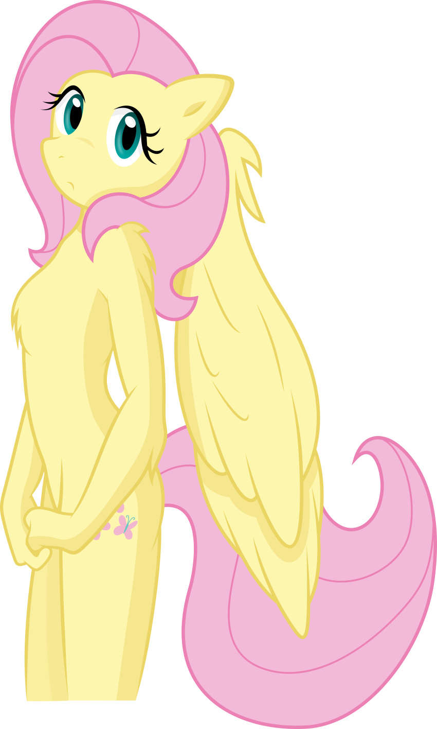 absurd_res anthro breasts cutie_mark equid equine feathered_wings feathers fehlung female fluttershy_(mlp) friendship_is_magic fur hair hasbro hi_res looking_at_viewer mammal monotone_hair monotone_tail my_little_pony nude pegasus pink_hair pink_tail simple_background solo wings yellow_body yellow_feathers yellow_fur yellow_wings