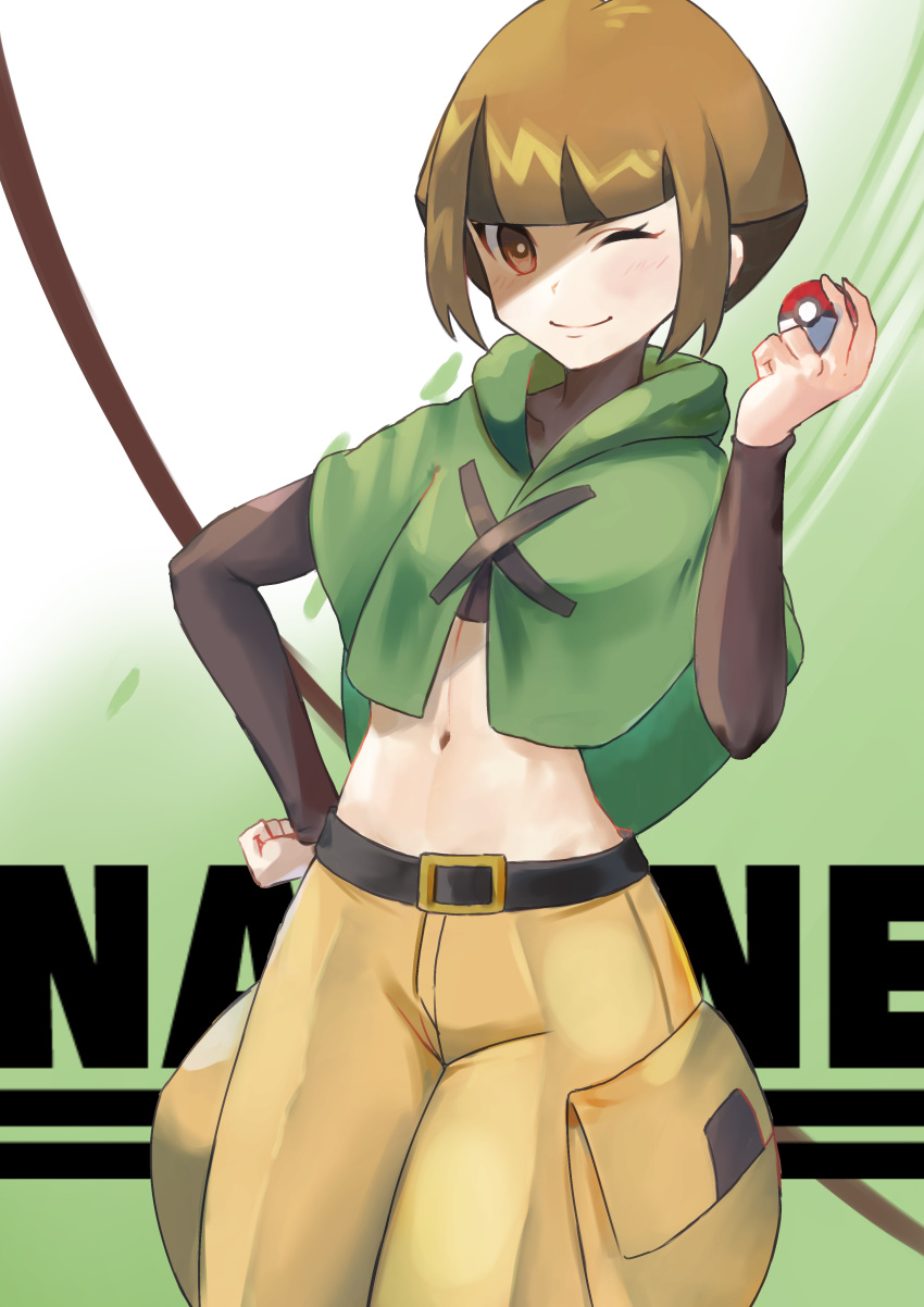 1girl ;) absurdres bangs belt black_belt black_bodysuit black_hair blunt_bangs blush bodysuit breasts brown_eyes brown_hair brown_shorts capelet character_name commentary_request covered_collarbone cowboy_shot crop_top eyebrows_behind_hair green_background green_capelet gym_leader hand_on_hip highres holding holding_poke_ball long_sleeves looking_at_viewer medium_breasts midriff natane_(pokemon) navel one_eye_closed orange_hair poke_ball poke_ball_(basic) pokemon pokemon_(game) pokemon_dppt short_hair shorts sidelocks simple_background smile solo standing taruto_(takug0812)
